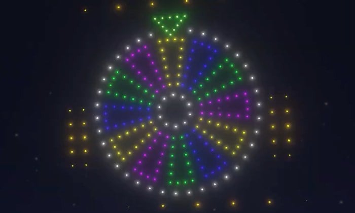 An image from an NLDS drone show featuring a spinning wheel formation that appeared in the NLDS Ho-Chunk Gaming show.