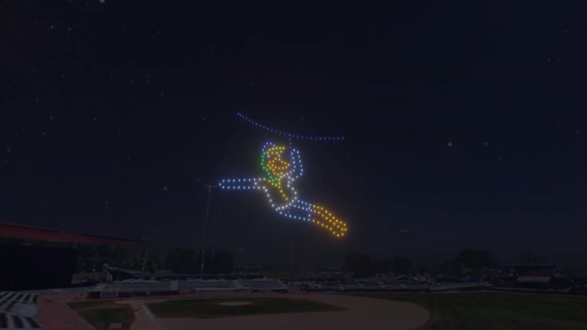 An image from the Madison Mallards show featuring the mascot ziplining into the stadium.