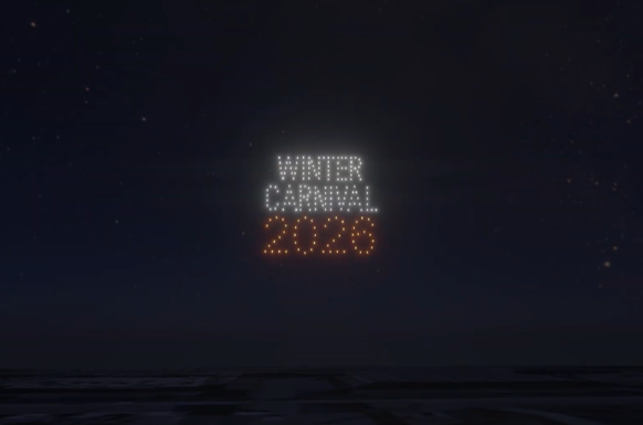 An image from the Michigan Tech NLDS drone show featuring the Winter Carnival's logo. An image from the Michigan Tech NLDS drone show featuring the Winter Carnival's logo.