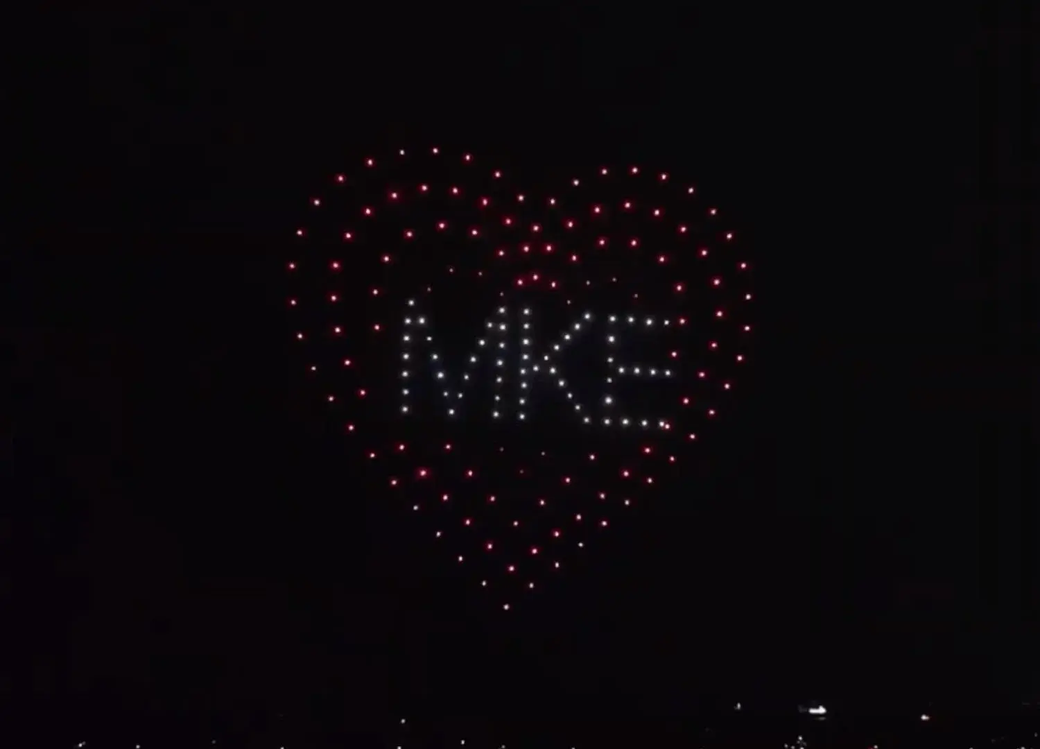 An image from an NLDS drone show featuring the MKE heart logo that appeared in the NLDS Milwaukee County 4th of July show. An image from an NLDS drone show featuring the MKE heart logo that appeared in the NLDS Milwaukee County 4th of July show.
