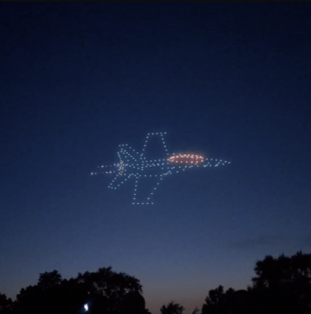 An image from the New Berlin NLDS drone show featuring a jet. An image from the New Berlin NLDS drone show featuring a jet.