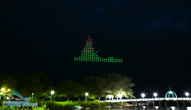 An image from an NLDS Tesla drone show featuring a sound system that accurately reflected the music it was synced with.