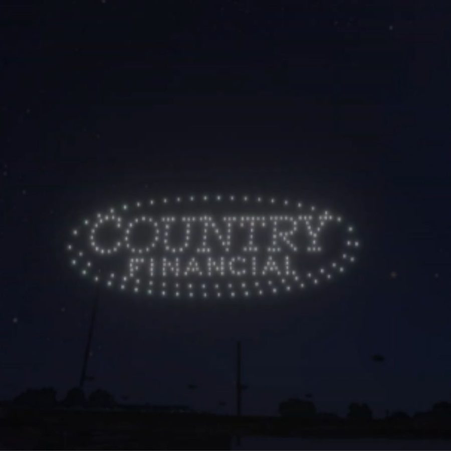 An image from an NLDS drone show featuring the Country Financial logo that appeared in the NLDS Madison Mallards show.