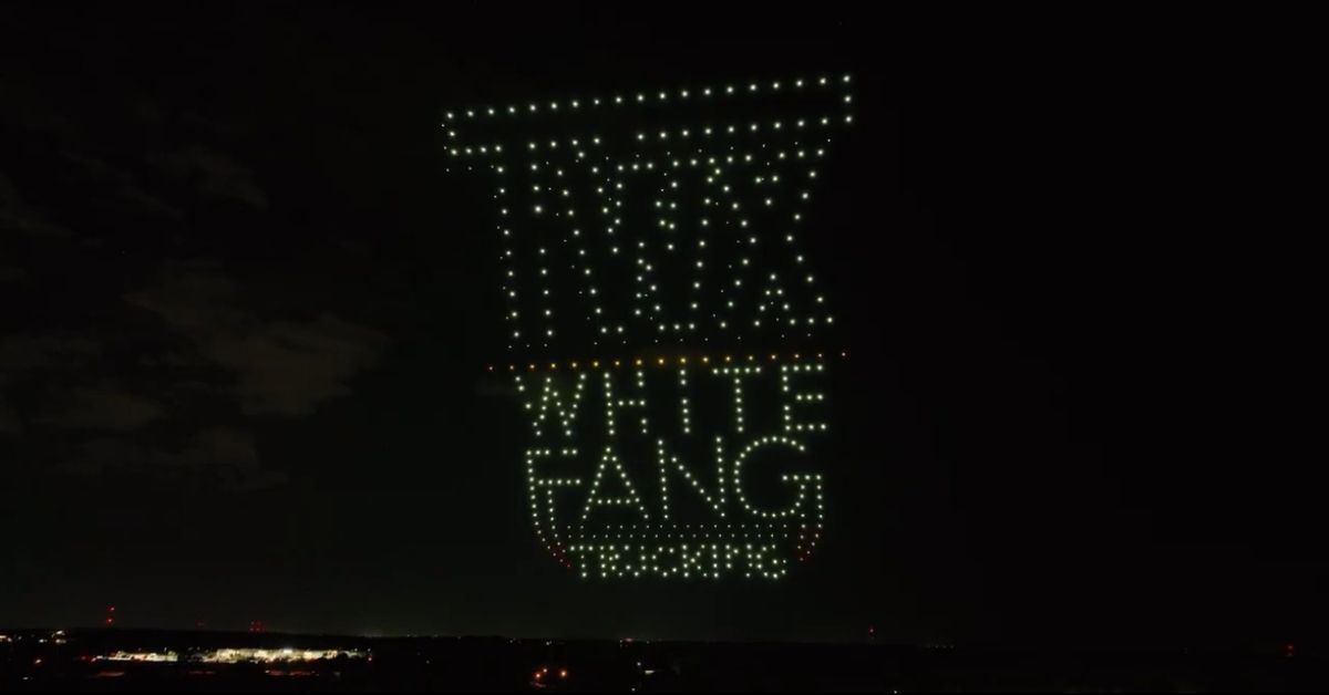 An image from an NLDS drone show featuring another two sponsor images at the end. An image from an NLDS drone show featuring another two sponsor images at the end.