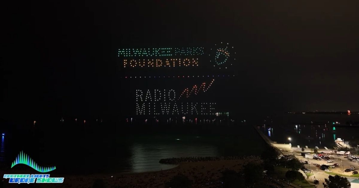 An image from an NLDS drone show featuring two sponsor messages at the end of the show. An image from an NLDS drone show featuring two sponsor messages at the end of the show.