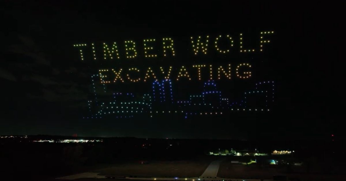An image from an NLDS drone show featuring a company's logo. An image from an NLDS drone show featuring a company's logo.