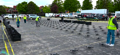 An image from the setup process of an NLDS drone show depicting the setup and safety-assurance process of the drone show. An image from the setup process of an NLDS drone show depicting the setup and safety-assurance process of the drone show.